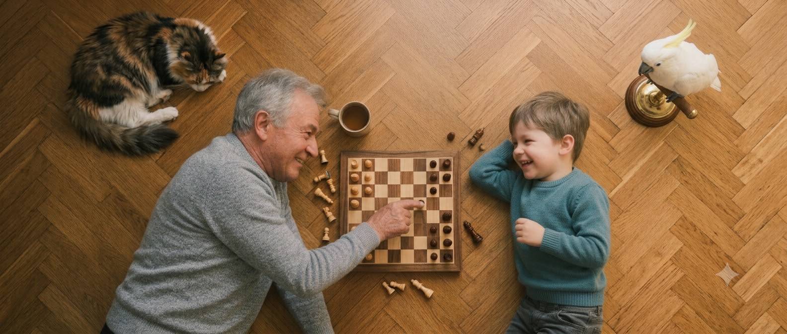 A grandfather and grandchild playing chess together at home